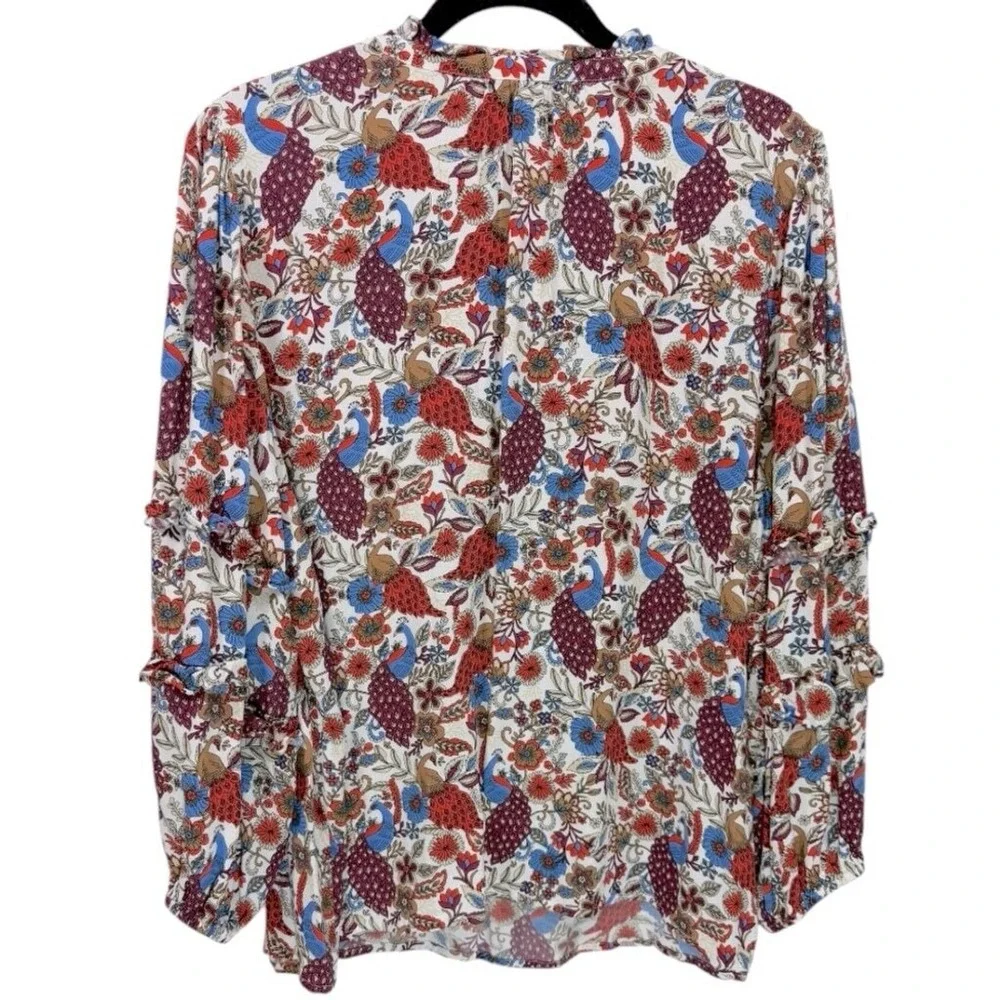 LOFT Womens Peacock Floral Ruffle Sleeve Henley Blouse Multicolor Top Size XL‎